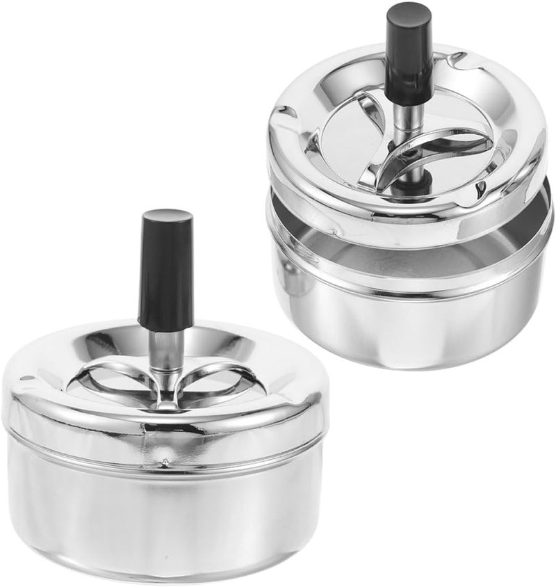 SMASOLO 2pcs Silver Metal Push down Ashtray with Lid and Rotating Tray, Smokers Outdoor Patio Ash Holder for Home and Office - Image 1