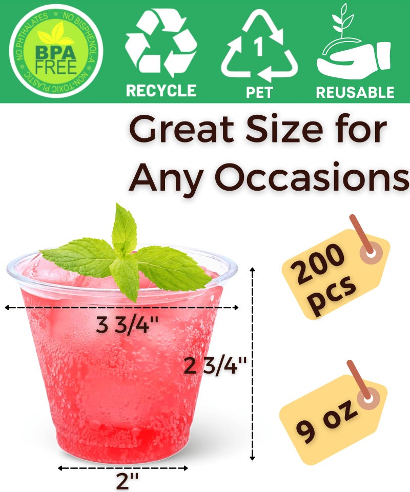 Aatriet [200 PACK] 9 oz Clear Plastic Cups  Crystal Clear Drinking Cups  Disposable Party Cups for Fruit/Ice Cream/Cupcake/Cold Drinks: Iced Coffee  Water  Juice  Soda  Frozed Cocktails - Image 2