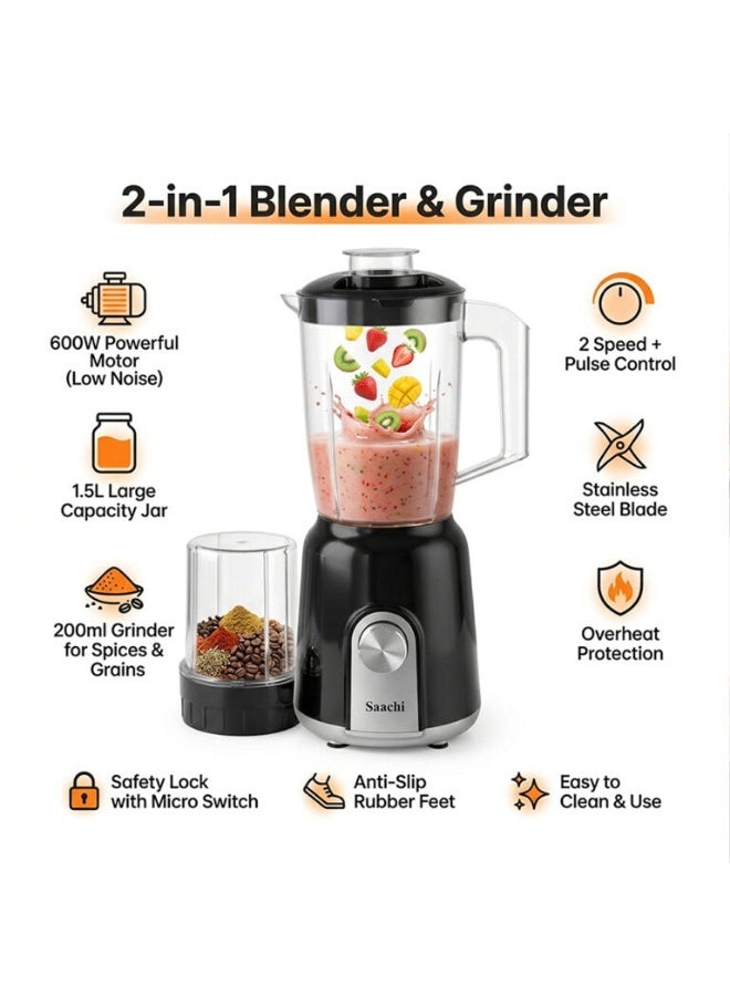 Saachi 2-in-1 Blender & Grinder NL-BL-4416, 600W, 1.5L Jar + 200ml Grinder, 2 Speed with Pulse, Stainless Steel Blade, Low Noise, Safety Lock, Overheat Protection 300 W NL-BL-4416-BK Black - Image 3