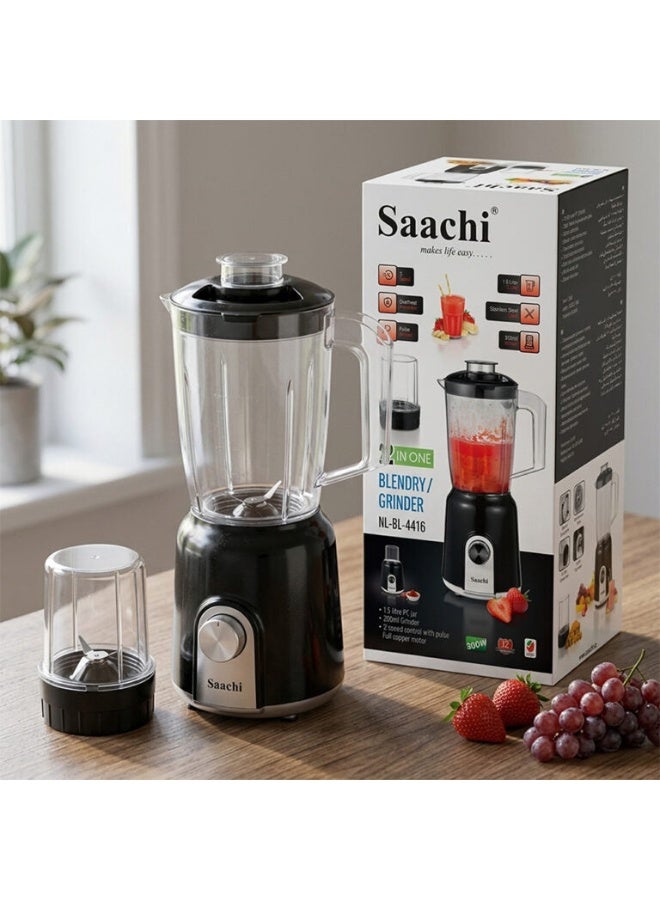 Saachi 2-in-1 Blender & Grinder NL-BL-4416, 600W, 1.5L Jar + 200ml Grinder, 2 Speed with Pulse, Stainless Steel Blade, Low Noise, Safety Lock, Overheat Protection 300 W NL-BL-4416-BK Black - Image 2