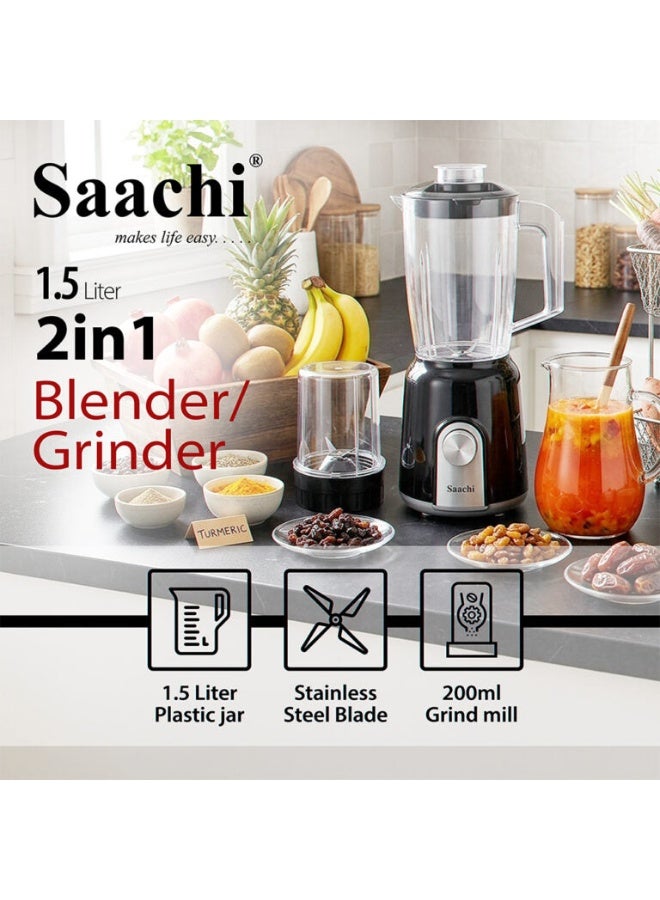 Saachi 2-in-1 Blender & Grinder NL-BL-4416, 600W, 1.5L Jar + 200ml Grinder, 2 Speed with Pulse, Stainless Steel Blade, Low Noise, Safety Lock, Overheat Protection 300 W NL-BL-4416-BK Black - Image 5