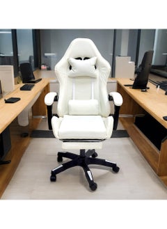 Sabir & Bros Furniture LLC SBF High Back Gaming Chair with Footrest - Premium Leather, Padded Armrests, Adjustable Height, Headrest Cushion & Reclining Backrest, Swivel Office Computer Chair, White  - Image 2