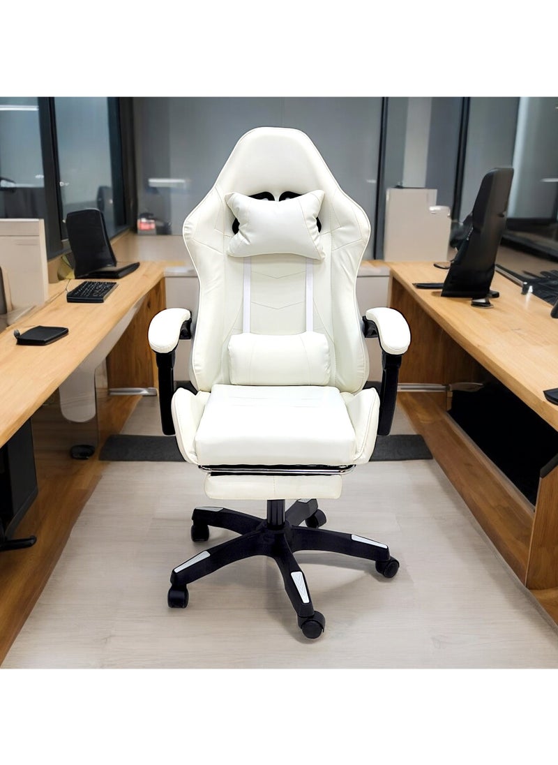 Sabir & Bros Furniture LLC SBF High Back Gaming Chair with Footrest - Premium Leather, Padded Armrests, Adjustable Height, Headrest Cushion & Reclining Backrest, Swivel Office Computer Chair, White  - Image 2