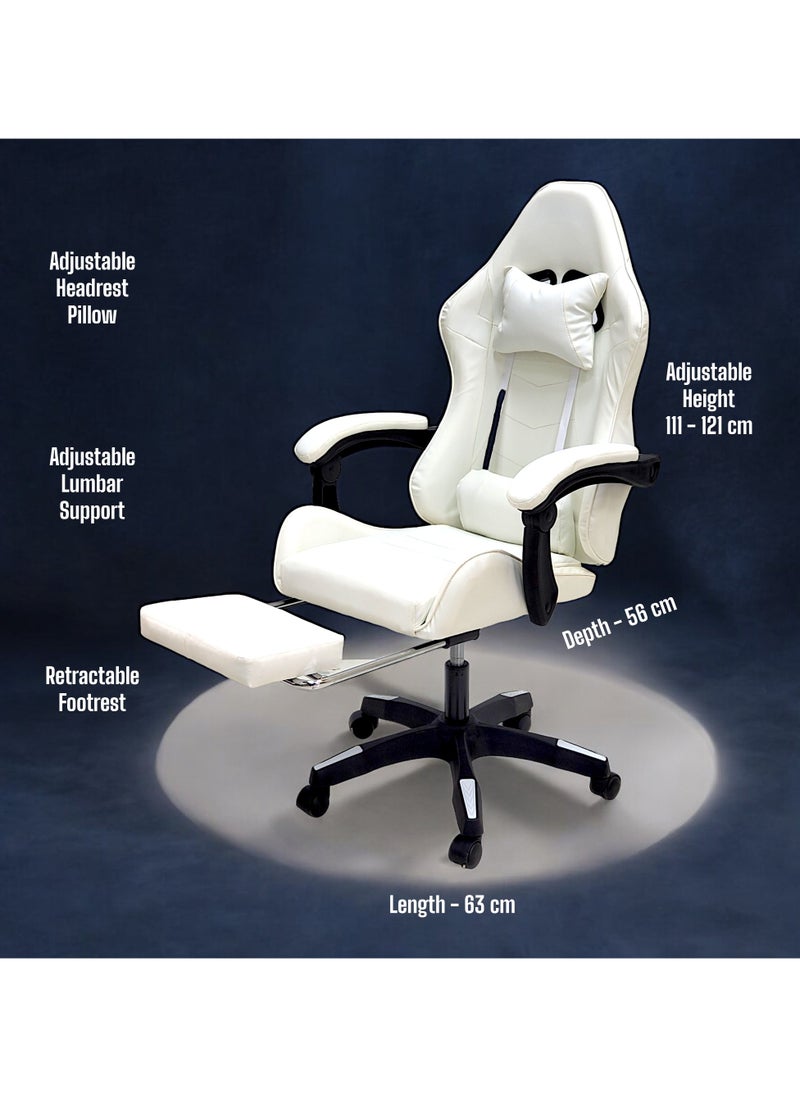 Sabir & Bros Furniture LLC SBF High Back Gaming Chair with Footrest - Premium Leather, Padded Armrests, Adjustable Height, Headrest Cushion & Reclining Backrest, Swivel Office Computer Chair, White  - Image 3