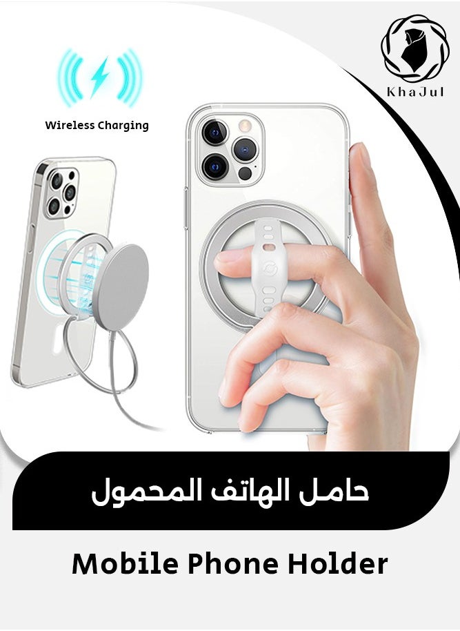 KHAJUL - MagSafe Wireless Charging Grip Stand, Removable Magnetic Ring, Compatible for iPhone 12/13/14,Support Apple 20W Wireless Charging, Kickstand Loop for iPhone & Android (Silver) - Image 1