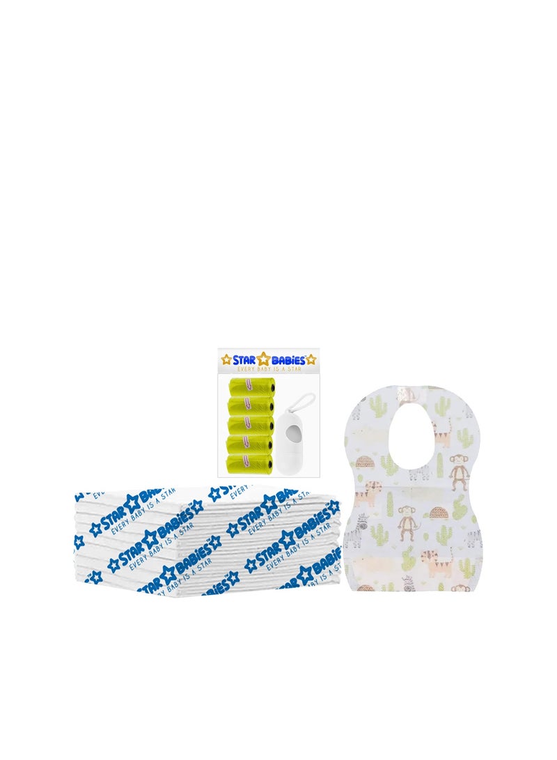 Star Babies Disposable Combo pack (Changing Mat 8pcs, Bibs 8pcs, Scented Bag w/dispenser)-White/yellow - Image 1