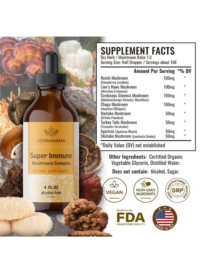 HERBAMAMA Super Immune Mushroom Complex Liquid Extract Immune Support & Energy Supplement Tincture W/Lions Mane Reishi Shiitake Turkey Tail & Chaga Natural Extracts 4 Fl. Vegan Herbal Drops - Image 3
