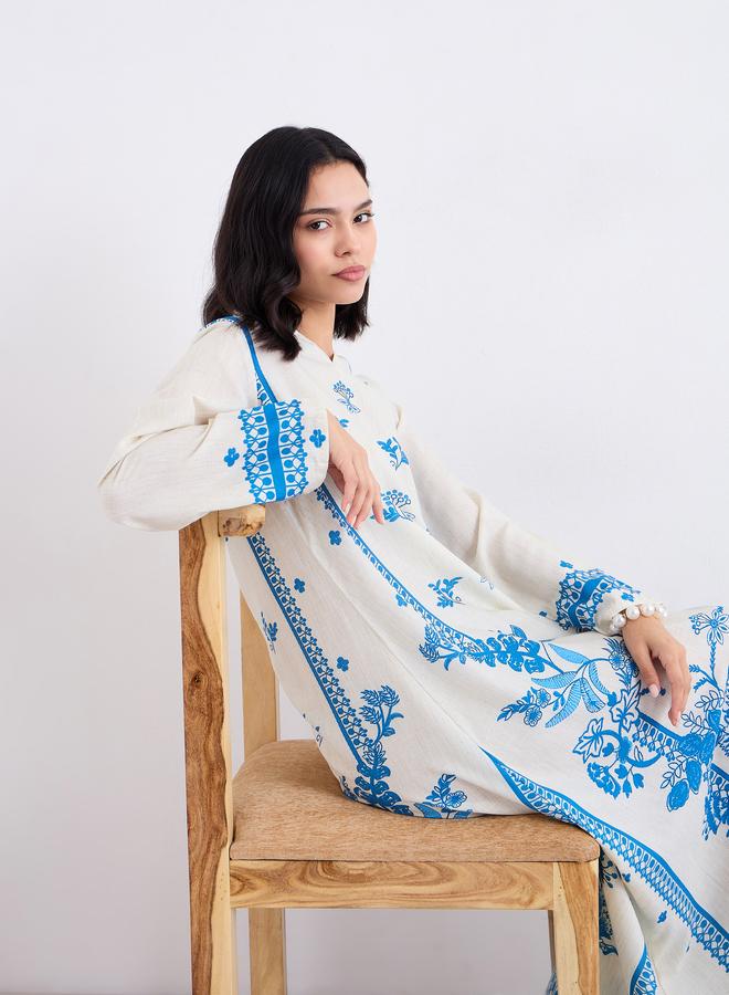 Amirah Placement Print Notch Neck A-Line Jalabiya - Image 1