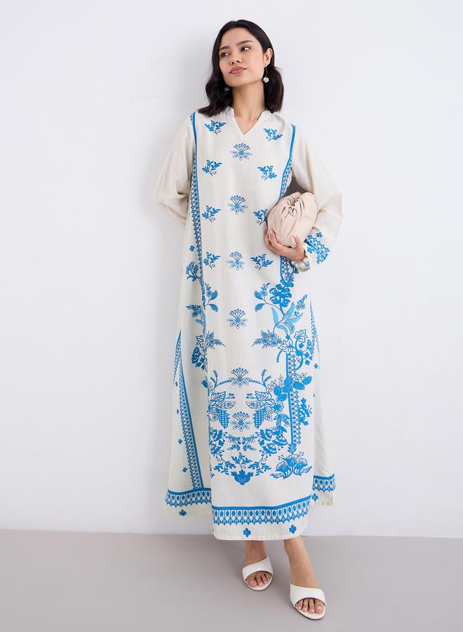 Amirah Placement Print Notch Neck A-Line Jalabiya - Image 2