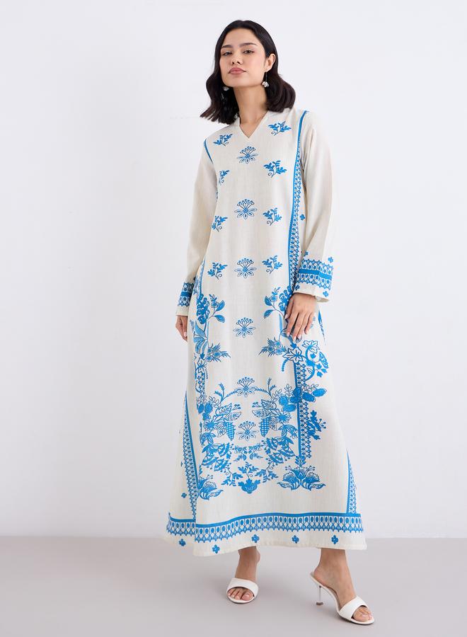 Amirah Placement Print Notch Neck A-Line Jalabiya - Image 3