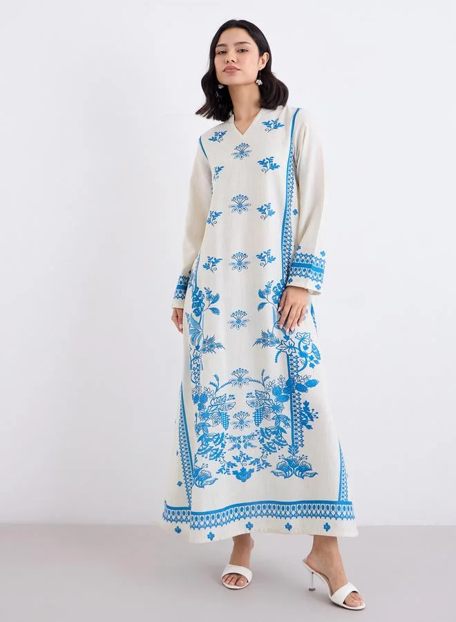 Amirah Amirah Placement Print Notch Neck A-Line Jalabiya