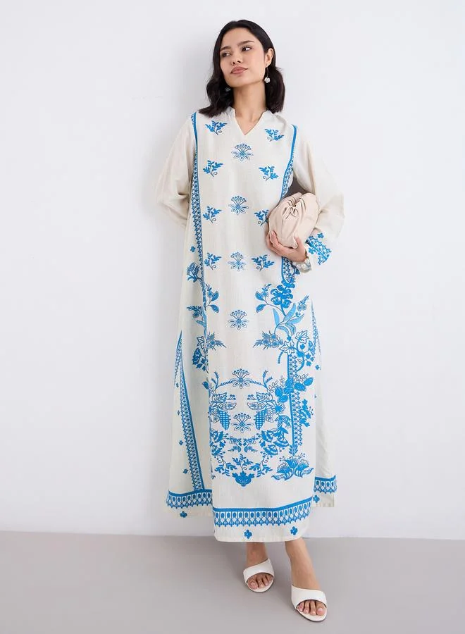 Amirah Amirah Placement Print Notch Neck A-Line Jalabiya