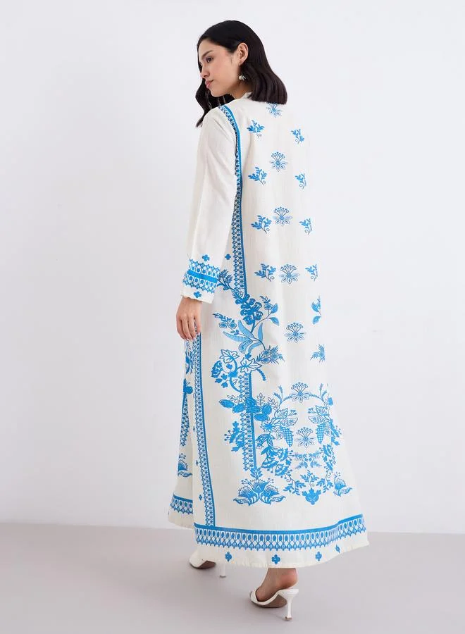 Amirah  Amirah Placement Print Notch Neck A-Line Jalabiya for Women | Best Price UAE