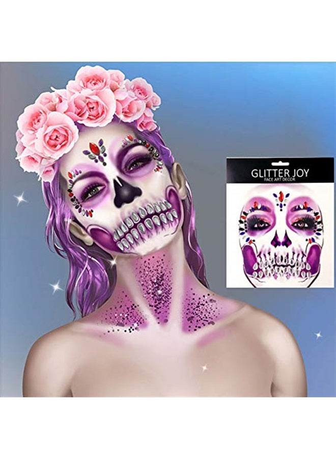 Leoars Shrine Skeleton Face Jewels Day of the Dead Face Gems Tattoo,Halloween Temporary Face Tattoos,Rhinestone Face Jewels Tattoo Stickers,Crystals Catrina Gems Stick on Face Halloween Face Decals,3-Pack - Image 3