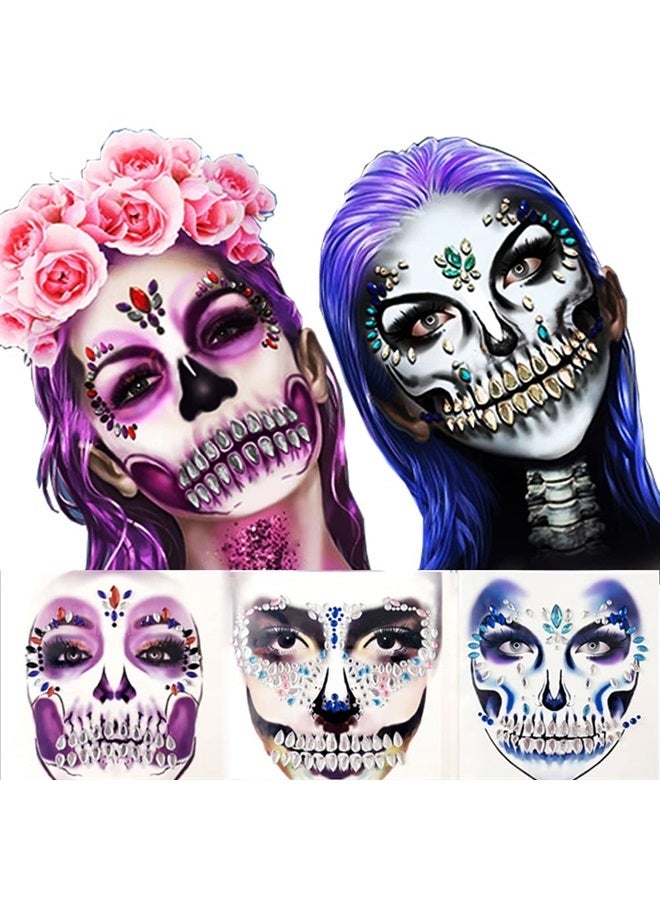 Leoars Shrine Skeleton Face Jewels Day of the Dead Face Gems Tattoo,Halloween Temporary Face Tattoos,Rhinestone Face Jewels Tattoo Stickers,Crystals Catrina Gems Stick on Face Halloween Face Decals,3-Pack - Image 1