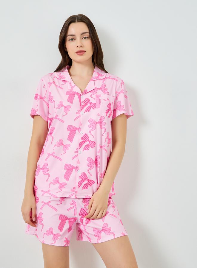 Styli Women Bow Print Buttoned Shirt and Shorts Set - Image 1