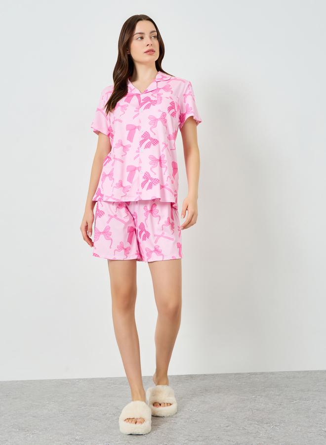 Styli Women Bow Print Buttoned Shirt and Shorts Set - Image 2