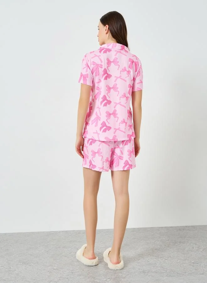 Styli  Women Bow Print Buttoned Shirt and Shorts Set for Women | Best Price UAE