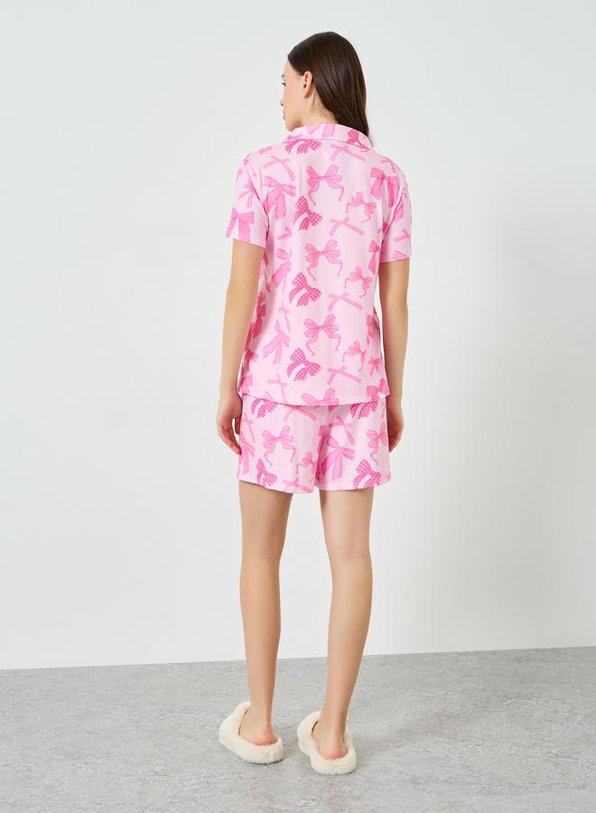 Styli Women Bow Print Buttoned Shirt and Shorts Set - Image 5