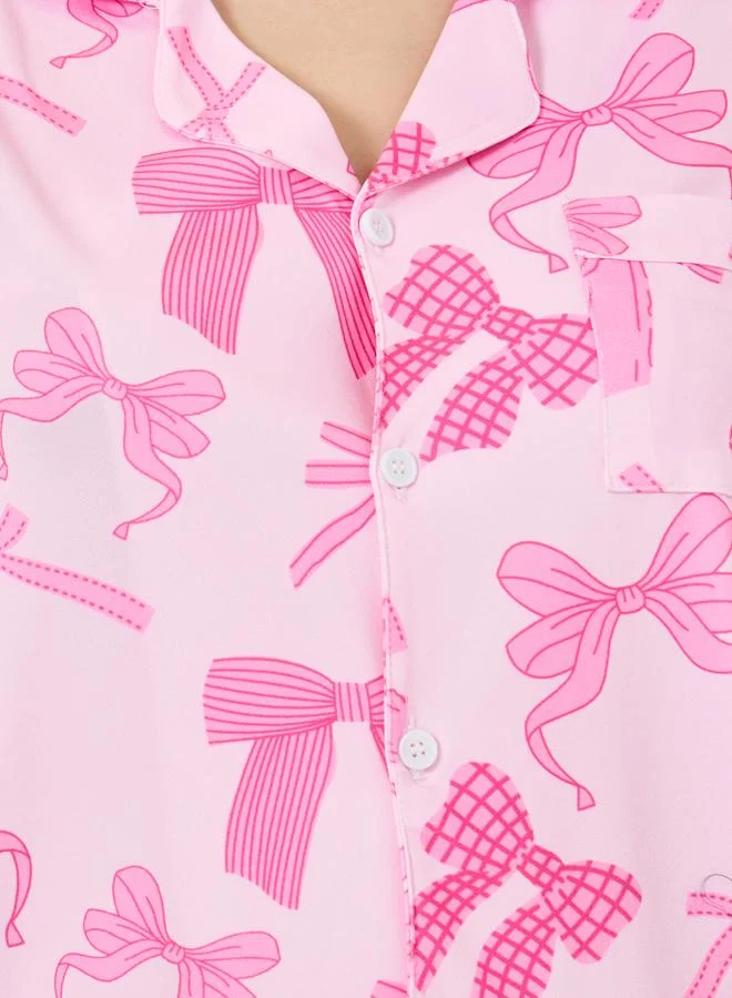 Styli  Women Bow Print Buttoned Shirt and Shorts Set for Women | Best Price UAE