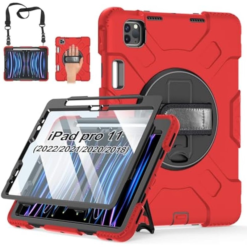Case for iPad Pro 11 Inch 2022/2021/ 2020/2018: Silicone Cover for iPad 11 Inch 4th/ 3rd/ 2nd/ 1st/ Generation with Screen Protector- Stand- Handle- Shoulder Strap- Pencil Holder- Red - Image 1