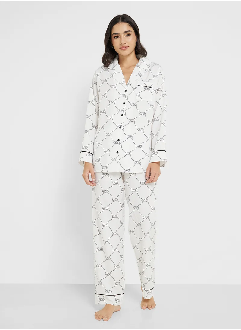 جينجر Printed Button Down Shirt & Pyjama Set