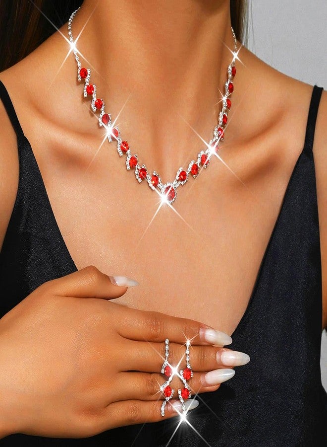 Unicra Silver Bridal Wedding Jewelry Set Rhinestone Necklace Earrings Sets Prom Formal Costume Jewelry for Women and Brides (Red) - Image 3