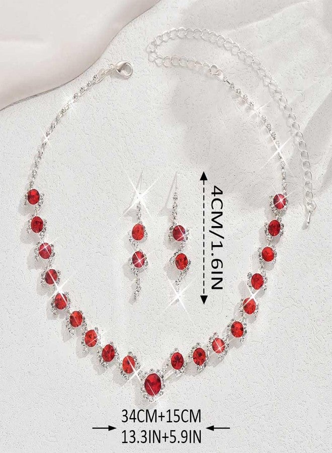 Unicra Silver Bridal Wedding Jewelry Set Rhinestone Necklace Earrings Sets Prom Formal Costume Jewelry for Women and Brides (Red) - Image 5
