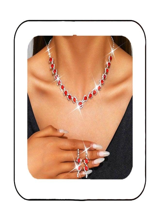 Unicra Silver Bridal Wedding Jewelry Set Rhinestone Necklace Earrings Sets Prom Formal Costume Jewelry for Women and Brides (Red) - Image 1