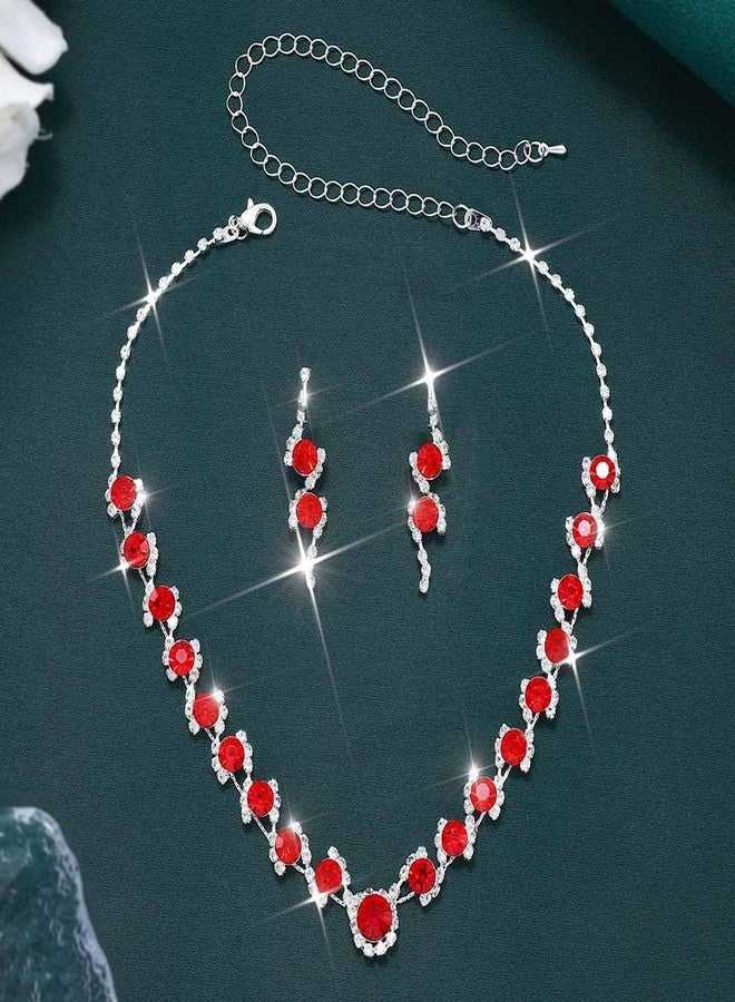 Unicra Silver Bridal Wedding Jewelry Set Rhinestone Necklace Earrings Sets Prom Formal Costume Jewelry for Women and Brides (Red) - Image 2
