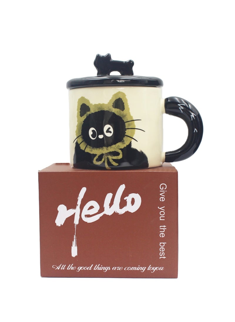 كوب سيراميك مع غطاء، قطة سوداء صغيرة لطيفة، لمشروبات القهوة والشاي الباردة، آمن للاستخدام في الميكروويف وغسالة الأطباق، 370 مل - Image 2