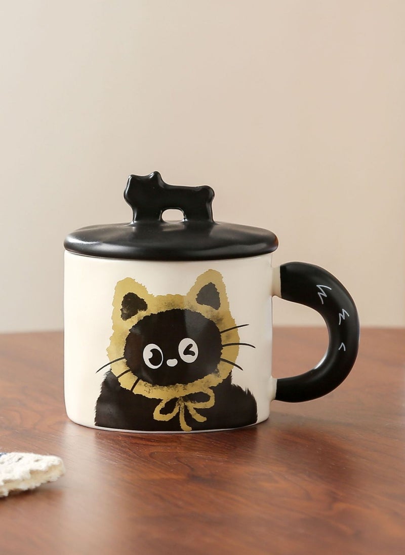 كوب سيراميك مع غطاء، قطة سوداء صغيرة لطيفة، لمشروبات القهوة والشاي الباردة، آمن للاستخدام في الميكروويف وغسالة الأطباق، 370 مل - Image 1