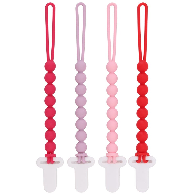 Slotic 4-Pack Silicone Pacifier Clips with One-Piece Beads for Baby Boys and Girls - Flexible and Rust-Free Holders for Teething Relief and Baby Essentials, Safe for Newborns (Pink) - Image 1