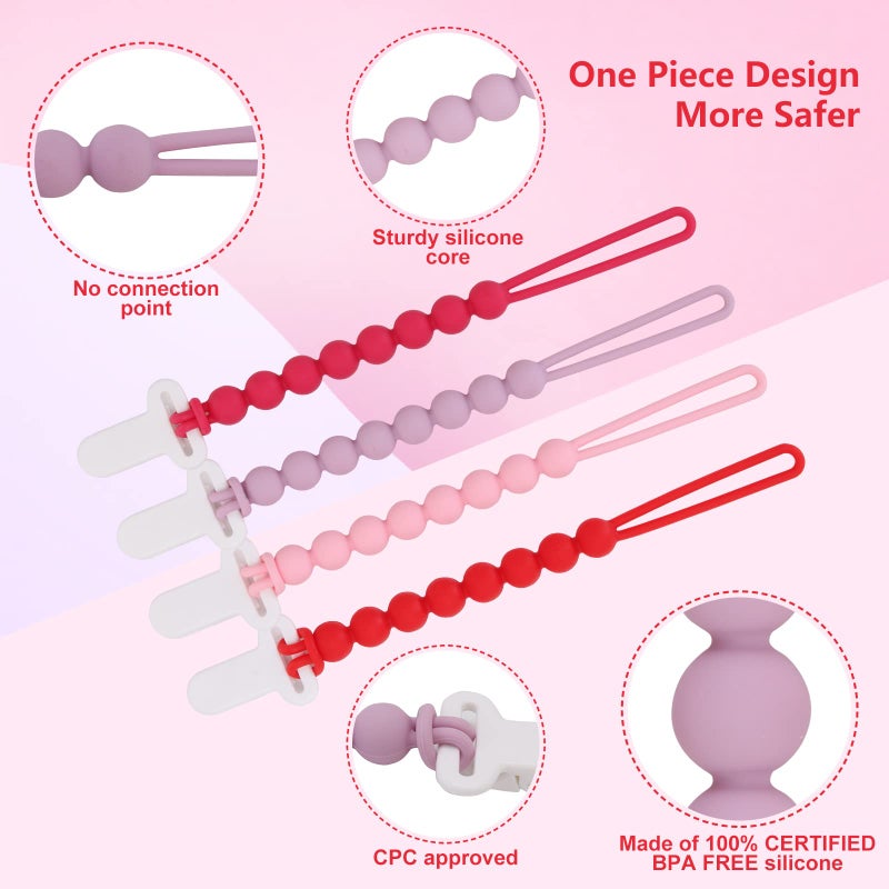 Slotic 4-Pack Silicone Pacifier Clips with One-Piece Beads for Baby Boys and Girls - Flexible and Rust-Free Holders for Teething Relief and Baby Essentials, Safe for Newborns (Pink) - Image 3