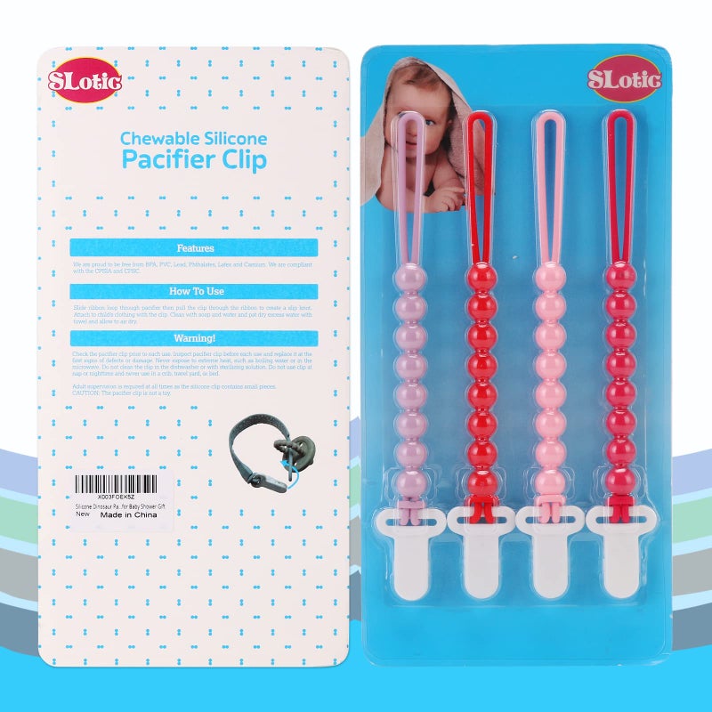 Slotic 4-Pack Silicone Pacifier Clips with One-Piece Beads for Baby Boys and Girls - Flexible and Rust-Free Holders for Teething Relief and Baby Essentials, Safe for Newborns (Pink) - Image 4