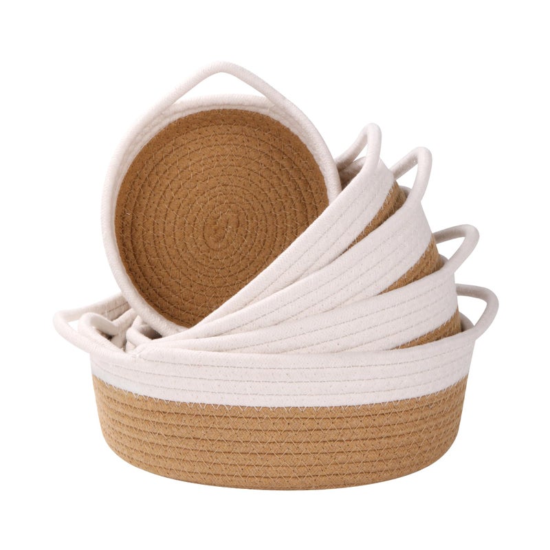 YMhoart Small Storage Woven Baskets Shelves Natural Cotton Rope Bins with Handle Toilet Tank Paper for Countertop Cute Gifts Organizing Mini Nursery 5 Set box (White & Jute) - Image 5