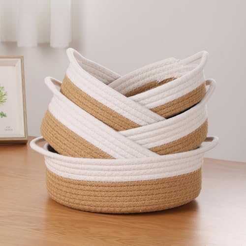 YMhoart Small Storage Woven Baskets Shelves Natural Cotton Rope Bins with Handle Toilet Tank Paper for Countertop Cute Gifts Organizing Mini Nursery 5 Set box (White & Jute) - Image 2