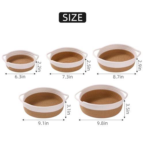 YMhoart Small Storage Woven Baskets Shelves Natural Cotton Rope Bins with Handle Toilet Tank Paper for Countertop Cute Gifts Organizing Mini Nursery 5 Set box (White & Jute) - Image 4