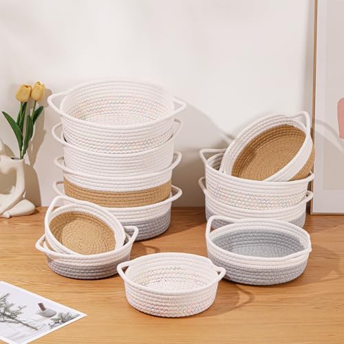 YMhoart Small Storage Woven Baskets Shelves Natural Cotton Rope Bins with Handle Toilet Tank Paper for Countertop Cute Gifts Organizing Mini Nursery 5 Set box (White & Jute) - Image 3