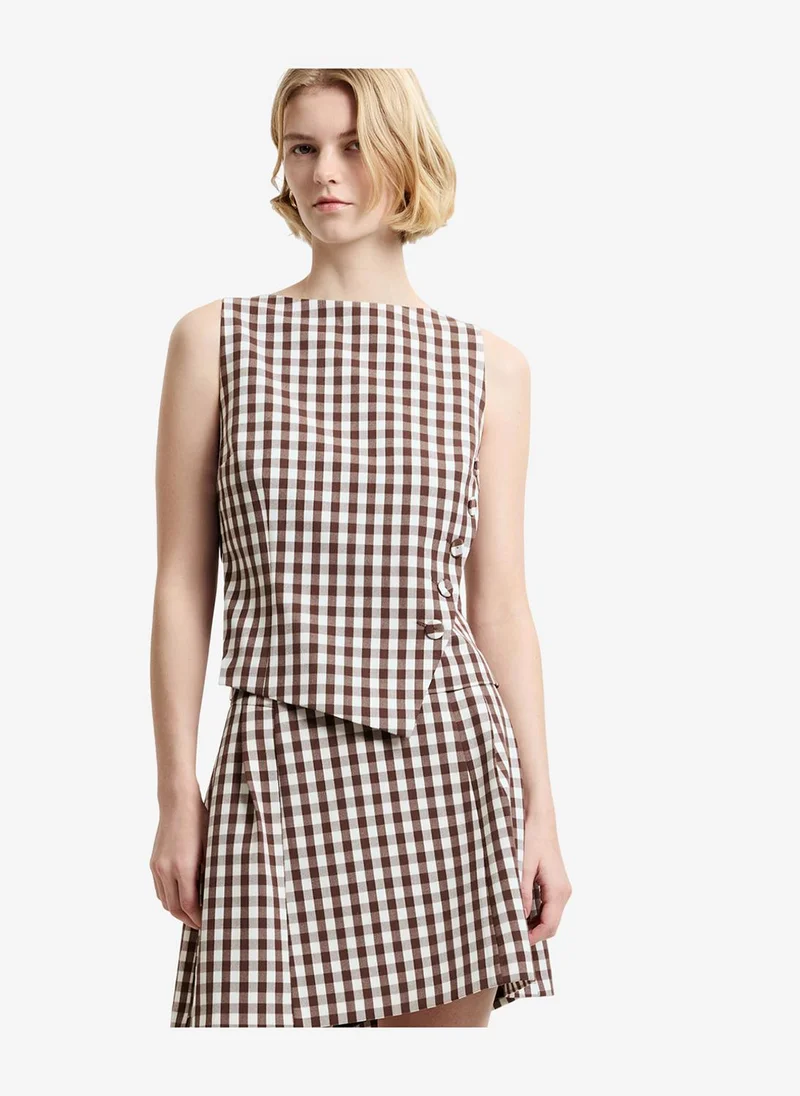 فرنش كونكشن Women's Espresso Brown Chec Lexi Suiting Asymmetric Top