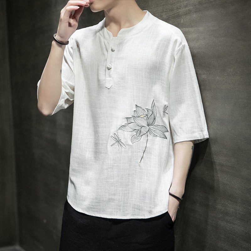 Antique Lotus Embroidered Cotton and Linen Short-sleeved Hanfu Mens Youth Loose Linen Half-sleeved Summer plus size T-shirt Top Black - Image 2
