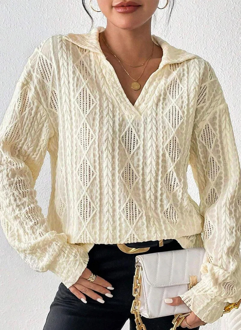 YUNIQEE White Shirt Collar Long Sleeves Self Design Top