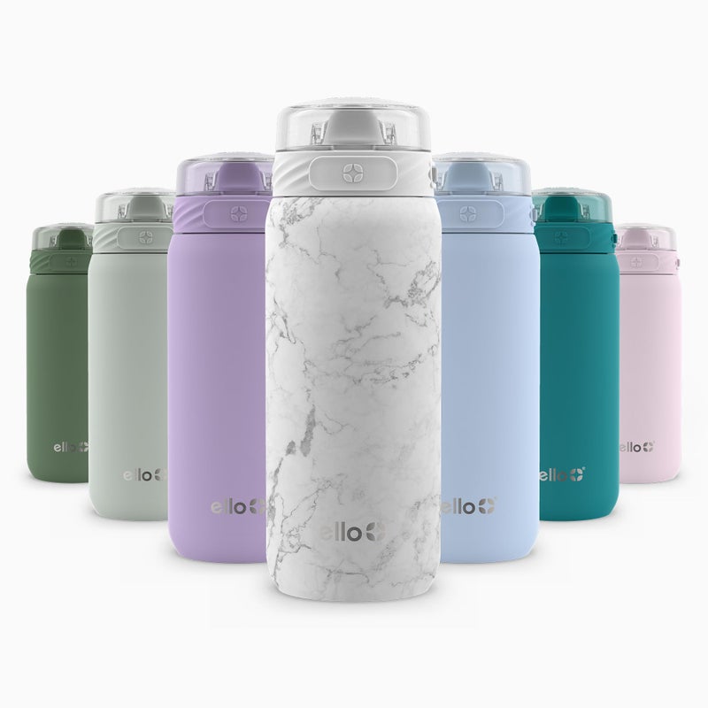 Ello Cooper 18oz Stainless Steel Water Bottle with Straw and Carry Handle, Double Walled and Vacuum Insulated Metal, Leak Proof Locking Lid with Soft Silicone Spout, Reusable, BPA Free, White Marble - Image 1