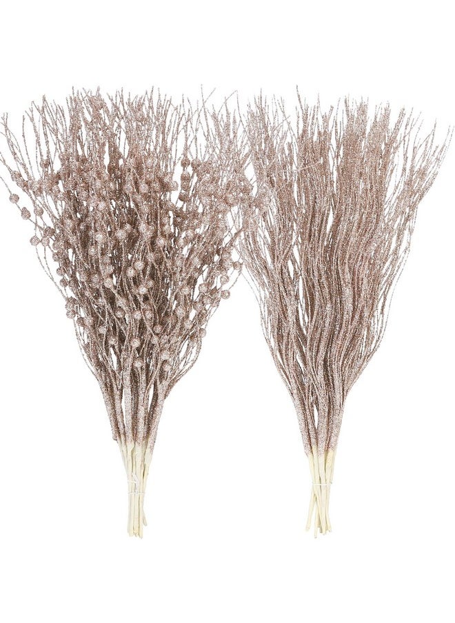 Sea Team 24-Pack Artificial Glitter Berry Stem Ornaments, Decorative Bead Sticks, Glittery Twigs, Picks, Branches For Christmas Tree, Small Vase, Holiday, Wedding, Party (15 Inches, Champagne)  - Image 1