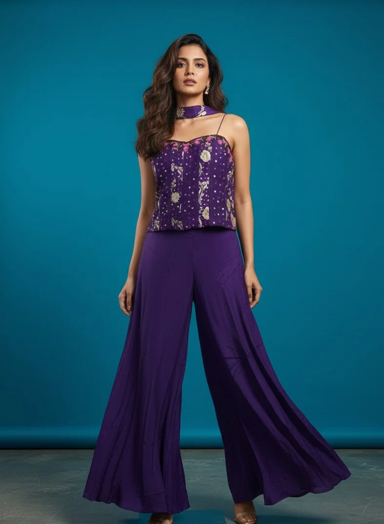 Lehar Elegant Royal Purple Embroidered Indo-Western Co-ord Set