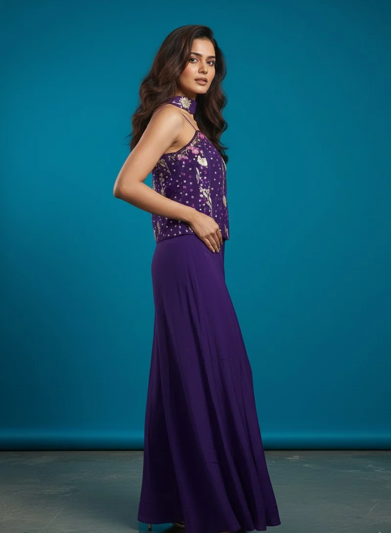 Lehar Elegant Royal Purple Embroidered Indo-Western Co-ord Set