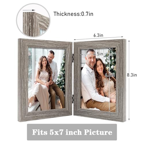 Frametory, 5x7 Double Picture Frame - Real Glass Hinged 2 Photos Collage, Desktop Picture Frame Standing Vertical (Grey, 1 Pack) - Image 2