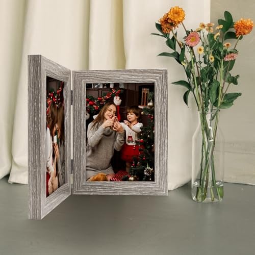 Frametory, 5x7 Double Picture Frame - Real Glass Hinged 2 Photos Collage, Desktop Picture Frame Standing Vertical (Grey, 1 Pack) - Image 4