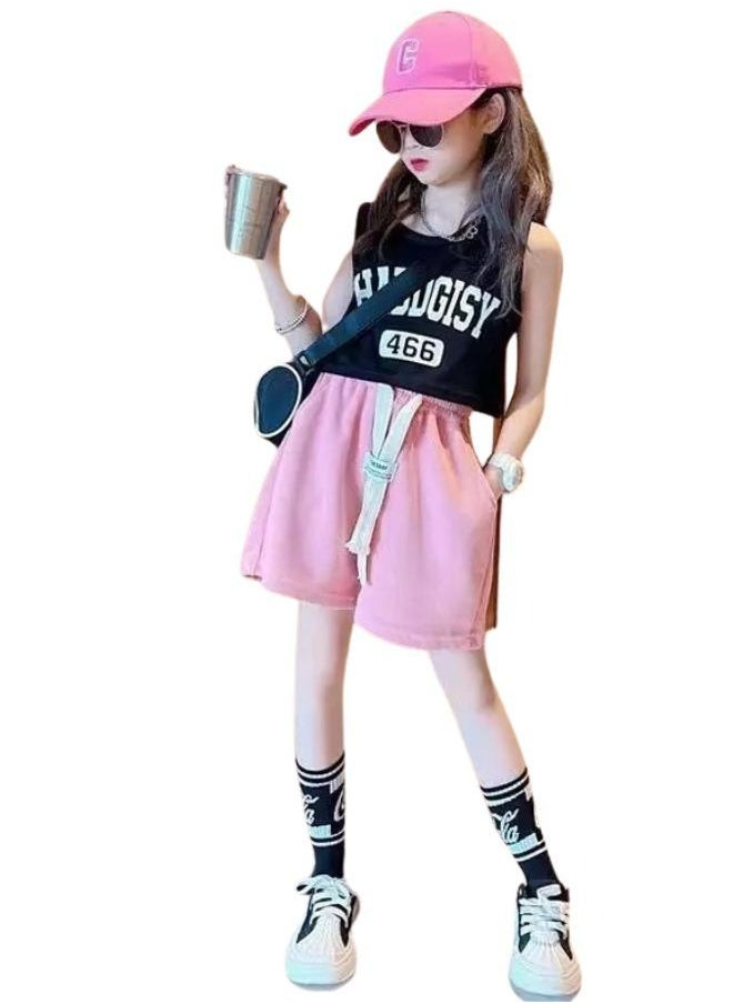 Mei Stylish - Girl's Kid Summer 2 Piece Outfit Sleeveless T-shirt and Short Pant Set - Image 1
