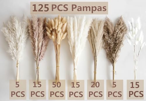 Bannifll 125 PCS Dried Pampas Grass Bouquet Boho Table Decor Bunny Tails Dried Flowers Brown Pampas White Pampas Grass for Weddings Home Decor Rustic Parties and Baby Shower Decorations - Image 3